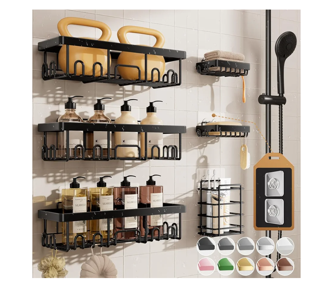 Veken Shower Caddy 6-Pack, Advanced Rustproof Design, No Drilling Adhesive Shelves, Rack with Soap Holder, Large Capacity Bathroom Organizers and Storage, Wall-Mounted Kitchen & Home Decor