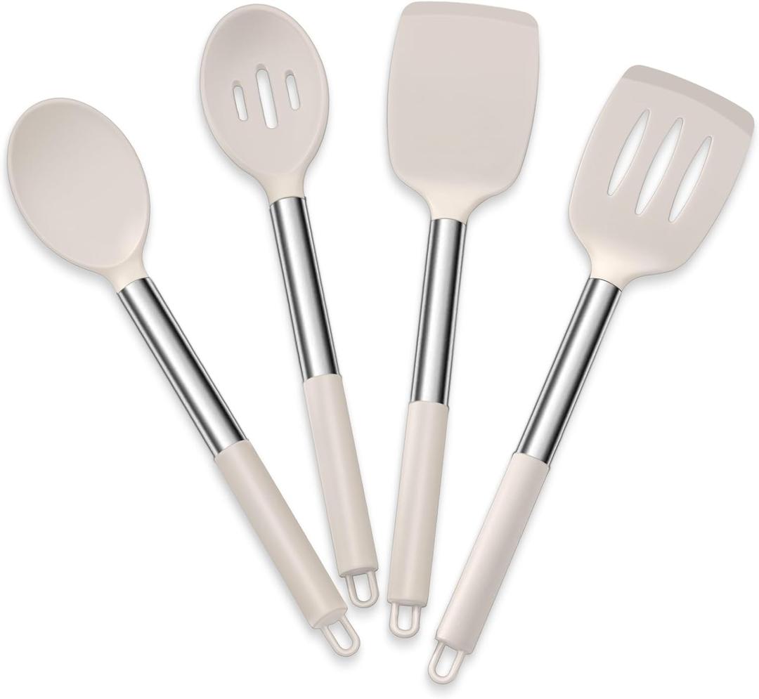 E-far Cooking Utensils Set of 4, Silicone Kitchen Utensils for Non-stick Cookware, Heat Resistant & Non-toxic Slotted Spatula Solid Spoon Turner for Flipping Mixing Serving Basting(Khaki) (13.5 Inch, 13.2 Inch, 12.6 Inch, 12.8 Inch)