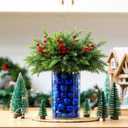 Giegxin 85 Pcs Bule Christmas Centerpiece for Table DIY Farmhouse Xmas Decor for Dinning Table 5 Artificial Pine Branches 70 Vase Filler Balls 8 Red Berries 1 Glass Vase for Kitchen Tabletop Decor (Blue)
