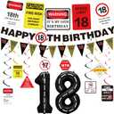 Roetyce 18th Birthday Decorations for Girls Boys, Caution Logos Happy 18th Birthday Banner Balloons Hanging Swirls Kit, Funny 18 Years Old Wall Signs Adult, Black Red 18 Zone Party Backdrop Decor