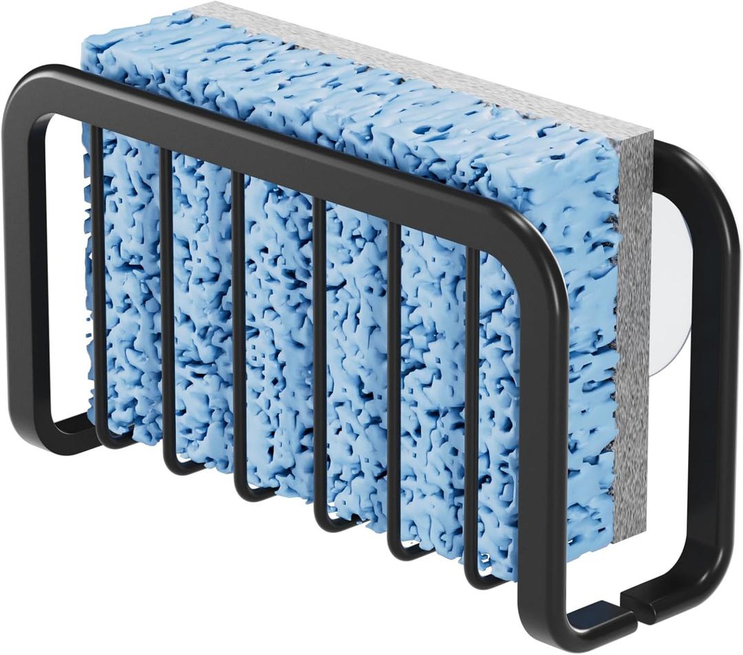 Sponge Holder for Kitchen Sink Suction, Goodbuy Anti-Rust Kitchen Sink Sponge Holder with Suction Cups and Strong Adhesive, Aluminum Sink Caddy for Sponges, Scrubbers, Kitchen 5.9" x 2" x 3.3" Black