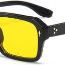Vintage Square Sunglasses for Men Women Trendy Chunky Rectangle Frame Rivet Design Black Shades UV Protection (Black Frame/Yellow Lens F7)