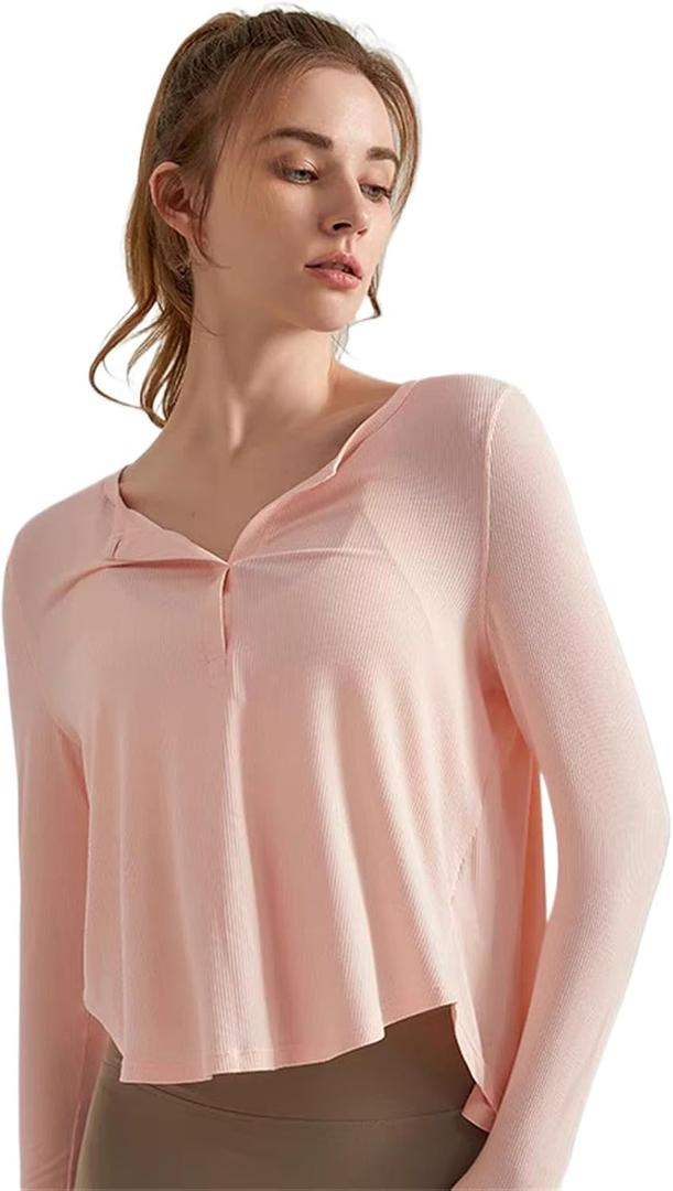 Long Sleeve Workout Shirts for Women V Neck Elastic Oversize Pullover Yoga Gym Tops Quick Dry Hiking Athletic Running Shirts (Pink, S)