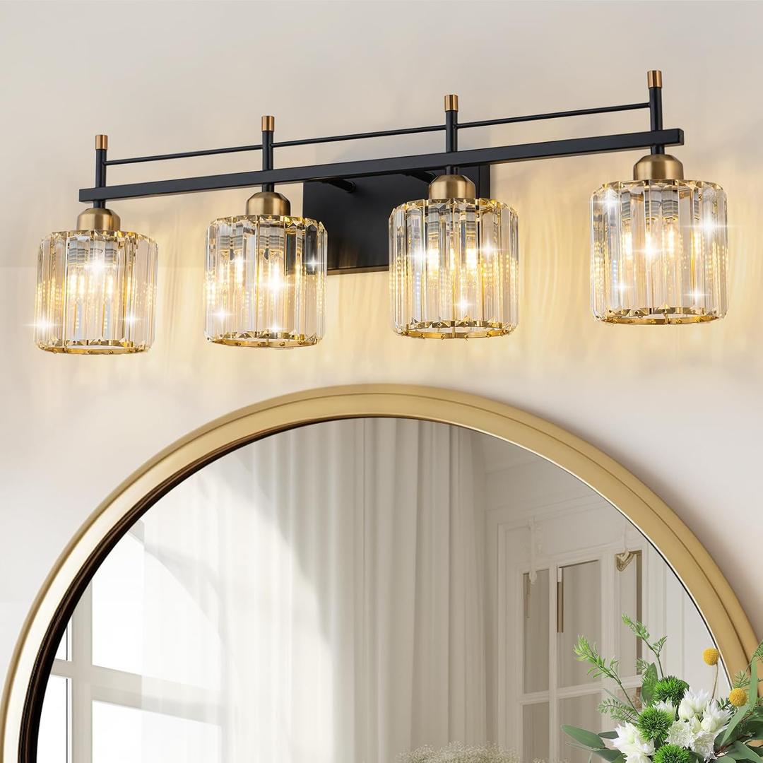 SineRise Modern Bathroom Vanity Light 4-Lights, Crystal Bathroom Vanity Light Over Mirror Vanity Lights Restroom Light Fixtures,Black Gold Bath Wall Sconce Lighting for Bathroom
