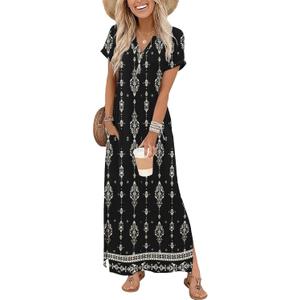 Zeagoo Summer Dresses for Women 2026 Maxi Dresses Vacation Sundress Short Sleeve Casual Sundresses Split Dress with Pockets (Small, Floral-mz921)