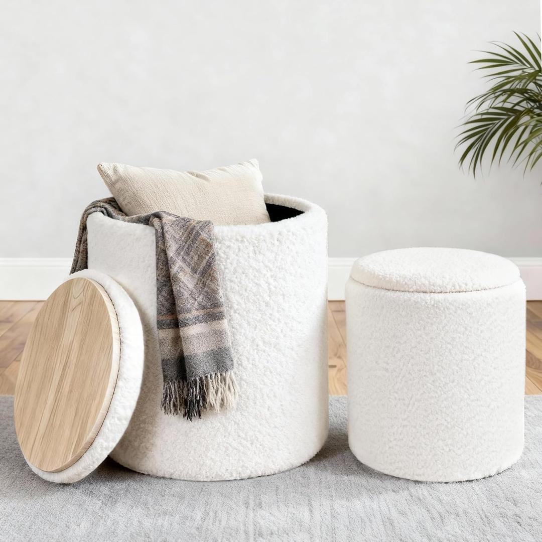 CAROLMADE Set of 2 Round Ottoman with Storage, Upholstered Vanity Stool Support 330lbs Multifunctional Coffee Table Ottoman Boucle Foot Rest Stool or Living Room Bedroom Dorm (White)