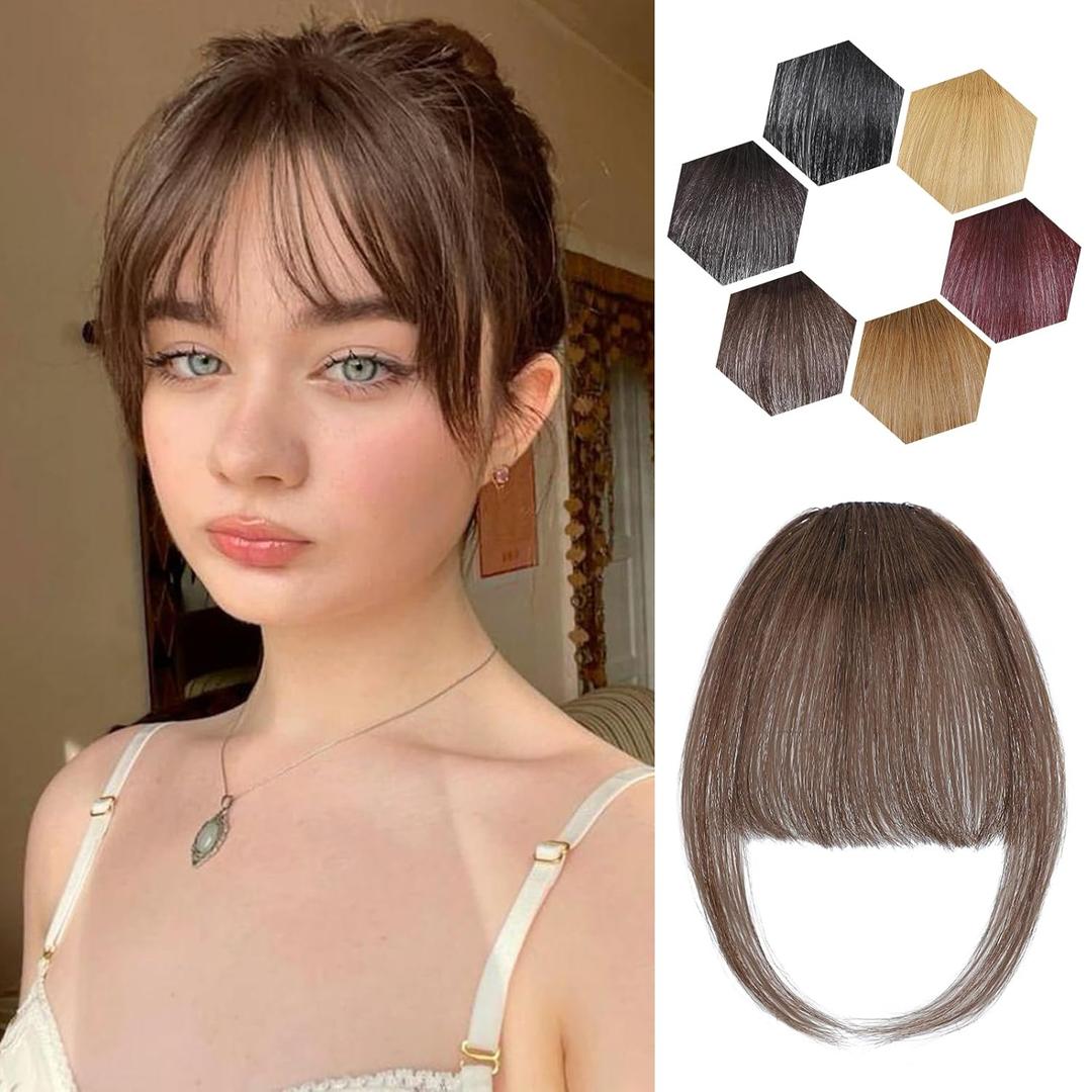 Clip in bangs Real Human Hair Wispy Bangs 100% Human Hair for Women Bangs Hair Clip Fake Bangs Hair Pieces For Daily WearBrown