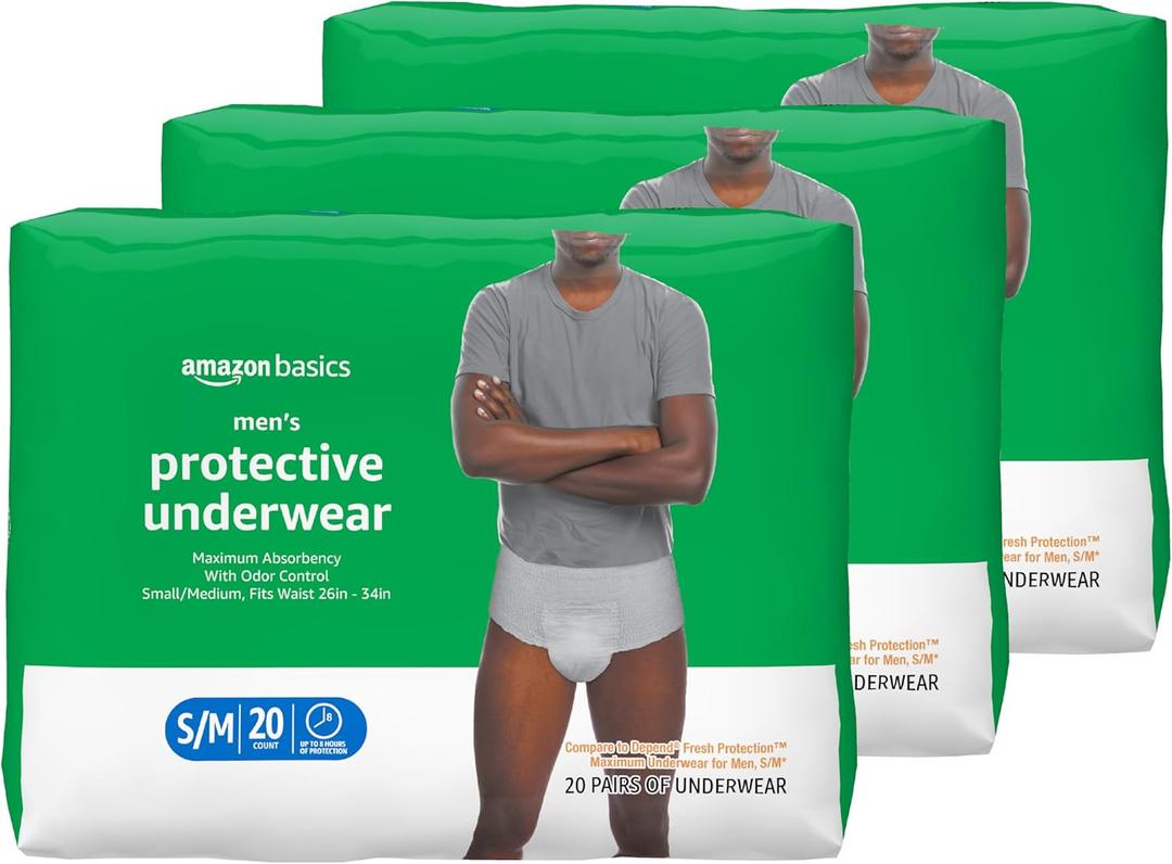 Amazon Basics Maximum Absorbency Incontinence Underwear for Men with Leak Protection and Odor Control, Disposable, Small/Medium, 60 Count (3 Packs of 20)