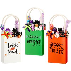 Amyhill 3 Pcs Halloween Wooden Table Centerpiece Decor for Home Trick or Treat Fake Candy Tiered Tray Decor Wood Treat Bags Tabletop Shelf Sitter for Halloween Home Shelf Party Supplies