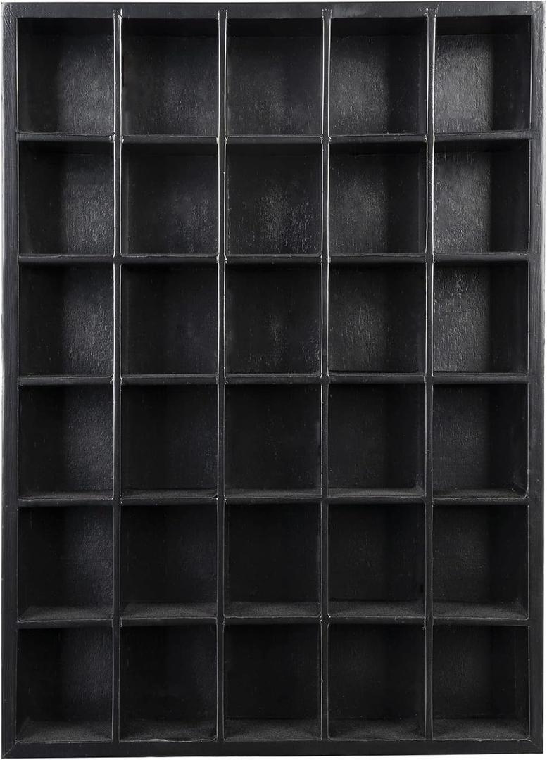 GSM Brands Shot Glass Display Case, Black Wood, Holds Set of 30 Glasses (16.7 x 12.2 - Each Opening Measures 2.52 x 2.13)