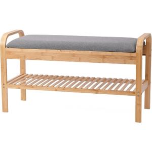 Proman Products Cambridge Bamboo Shoe Bench Organizer with Shoes and Cushion Storage, Natural