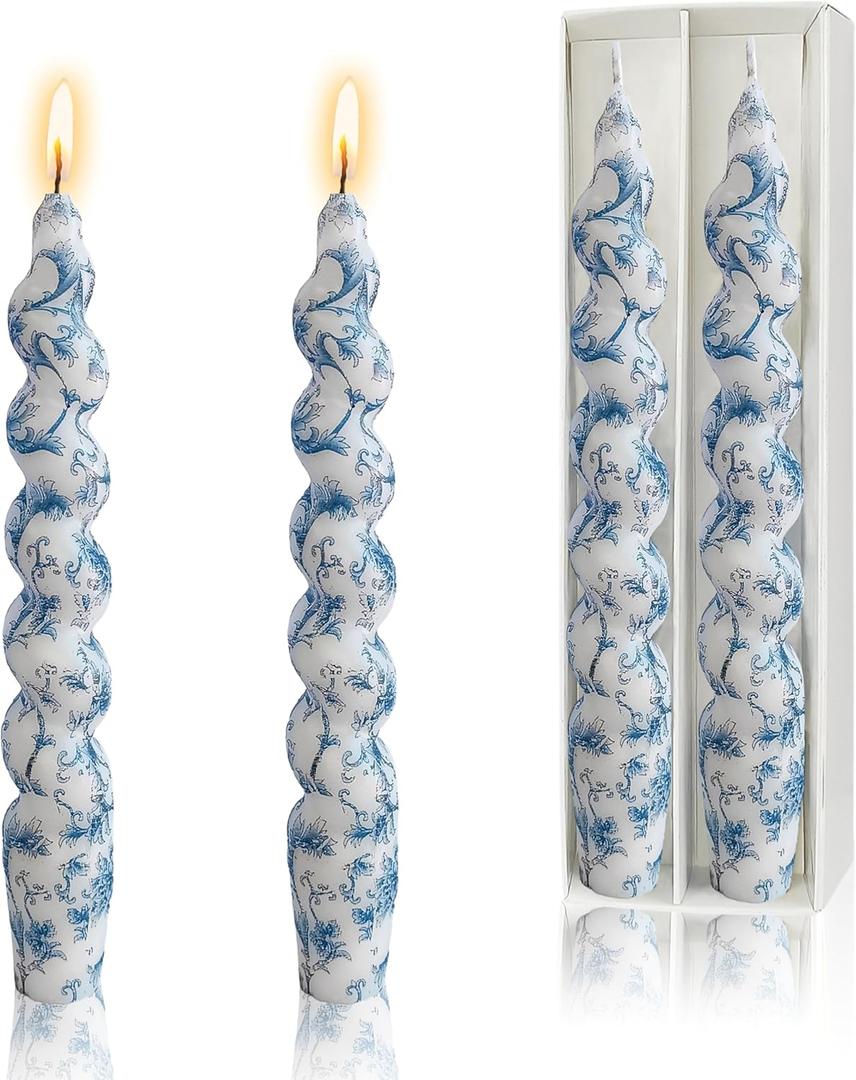 Floral Taper Candles Spiral Candlesticks-DEVSYWAX Set of 2 Blue Flower Twisted Candlestick 7.5inches Short Candle Sticks Colorful Decorative Candles for Home Decor Dinner Table
