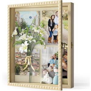 SZQINJI Shadow Box Frame 13x16 Large Deep with Unique Diamond Shape Door Vintage Lock, Wood Memory Shadow Boxes for Pet Memorial Wedding Baby Flower Graduation Photos Keepsakes Medals Natural