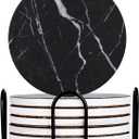 Drink Coasters with Holder Absorbent Ceramic Coasters Set of 6 Black Marble Style, 4 Inches Suitable for Kinds of Cups and Outdoor Picnic