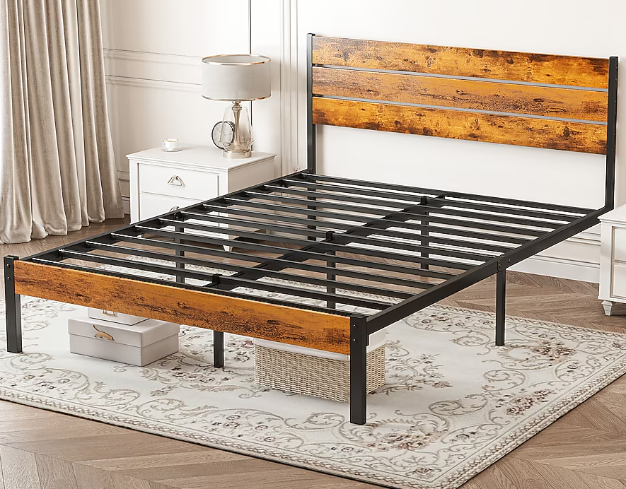 Sweetcrispy Queen Black Metal Bed Frame with Wooden Headboard