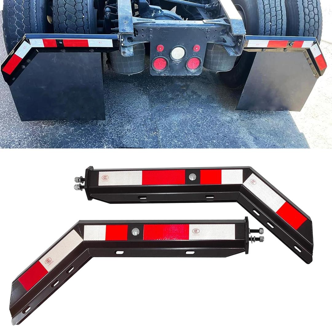 Black Angled Spring Loaded Mud Flap Hanger Bracket Mudflap Holder Set 1-1/8" Bolt Spacing 30" Length with Reflective Tapes fit for Semi Trucks, 2 Pack