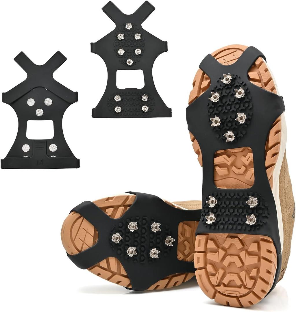 Ice Cleats for Shoes and Boots, Silicone Stainless Steel Spikes, Crampons, Anti-Slip Traction Cleats for Walking or Hiking on Snow and Ice (Large) Black