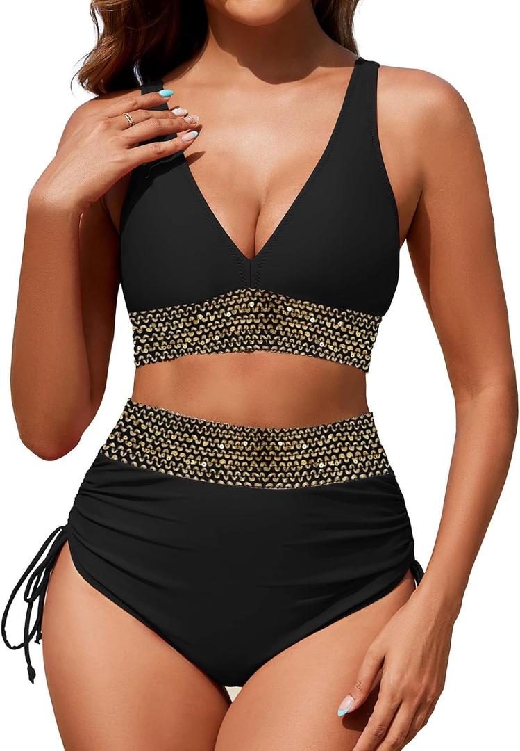 Women's High Waisted Bikini Sets Two Piece Tummy Control Swimsuit Color Block Bathing Suits (X-Large, Black Gold)