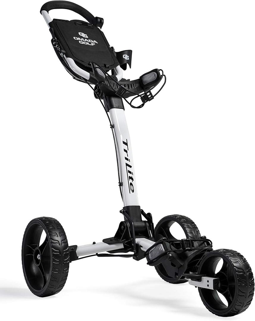 OMADA GOLF Trilite Golf Push Cart | Lightweight and Folding Golf Cart | Adjustable Golf Bag Stand (White/Black)