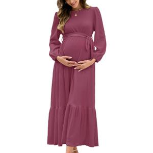 AISWI Women's Maternity Maxi Dress with Belt Long Sleeve Crew Neck Pregnancy Dresses with Pockets Baby Shower Photoshoot (L)