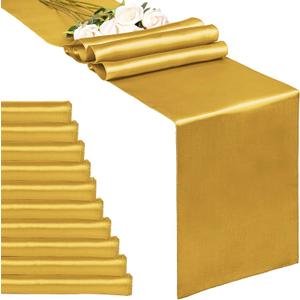 10-Pack Gold 12 x 108 inches Long Premium Satin Table Runner for Wedding, Decorations for Birthday Parties, Banquets, Graduations, Engagements, Table Runners fit Rectange and Round Table