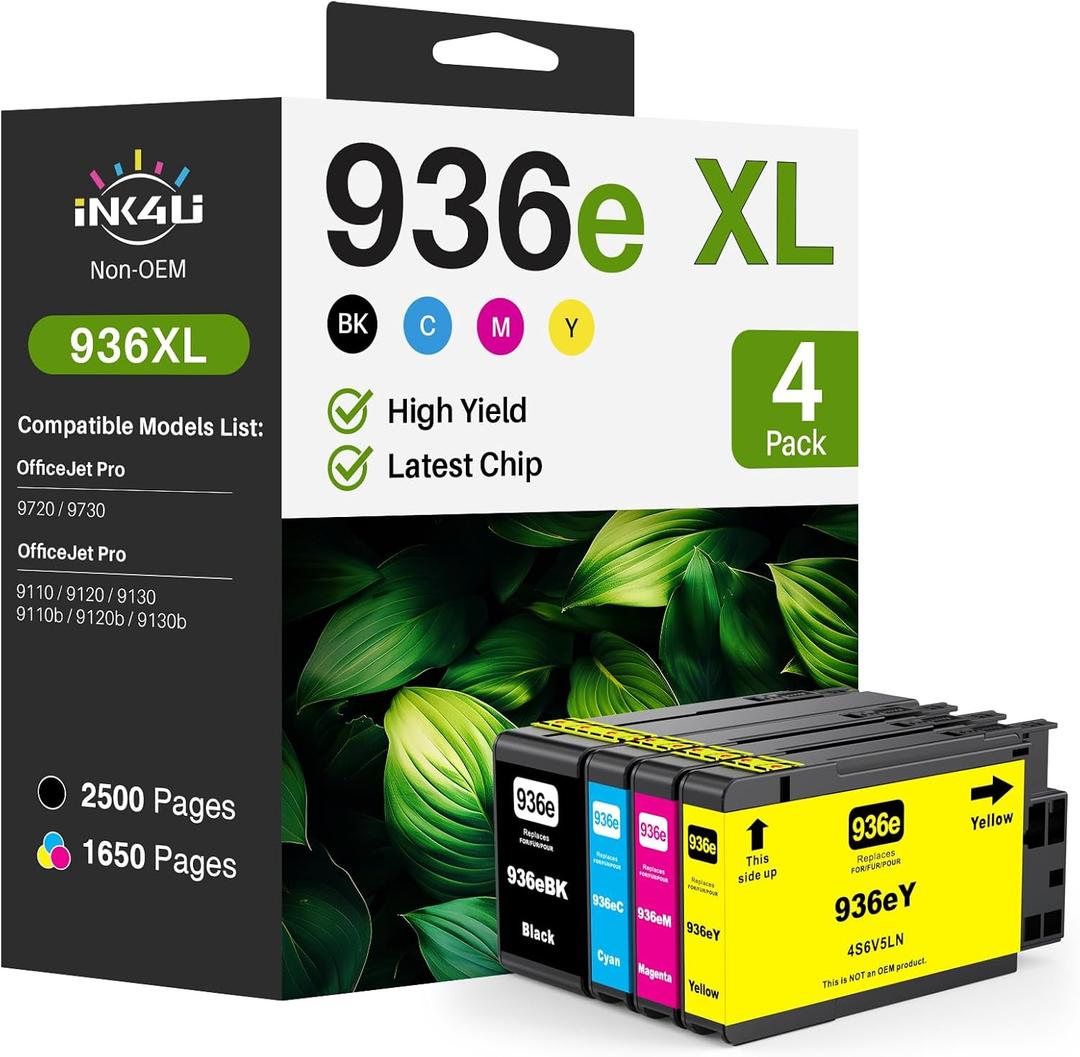 (Latest Chip) 936XL 936e 936 Ink Cartridges Combo Pack Compatible Replacement for HP Ink 936XL Black and Color Combo Pack Works with OfficeJet Pro 9110, 9120, 9130, 9730 Printer (BK/C/Y/M, 4-Pack)