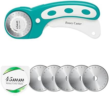 45mm Rotary Cutter with 5pcs Extra Blades, Ergonomic Handle Rolling Cutter with Safety Lock for Fabric, Leather, Crafting, Sewing, Quilting, Fabric Rotary Cutter Perfect for Left & Right Hand (Green)