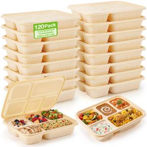 Havawish 120 Pack(240 Pcs) 5 Compartments 40.6oz Compostable Plate with Lid