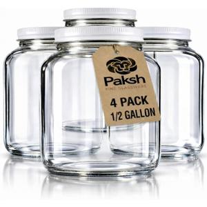 Paksh Novelty Wide Mouth Glass Mason Jar 64 Oz - 4 Pack - Wide Mouth, Airtight Lid, USDA Approved BPA-Free Dishwasher Safe Canning Jar for Fermenting, Sun Tea, Kombucha, Dry Food Storage, Clear