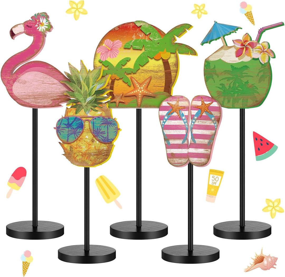Yousoontic 5 Pcs Summer Wooden Tabletop Decor Freestanding Wood Table Sign Summer Decorations for Home Rustic Tabletop Centerpiece Standing Block Decorations for Farmhouse Office (Beach)