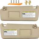 Sun Visor Pair Compatible with 2004-2007 Toyota Highlander (Driver & Passenger Side) - Non-Illuminated No Light, Leather Sunshade Replacement Assembly Kit with Clips, Screws, & Manual - (Color Beige)