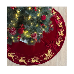 60-Inch Velvet Christmas Tree Skirt with Gold Reindeer and Santa’s Sleigh Embroidery, Lace Tie Closures, Wine
