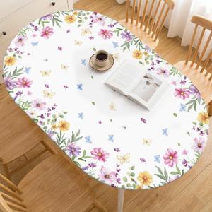 Horaldaily Spring Fitted Tablecloth 68 x 48 Inch Oval, Spring Daisy Floral Flowers Butterfly Washable Table Cover Elastic Edged for Dinning, Picnic, Camping, Banquet
