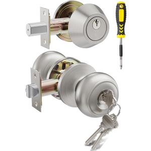 1 Set All Keyed Same Entry Door Knobs and Single Cylinder Deadbolt Combo Set for Entrance and Front Door, Keyed Alike Exterior Door Lock Set with Keys, Satin Nickel Deadbolt Lock and Door Knob Set
