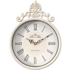 Small Retro French Decorative Wall Clock, Ivory White Antique Vintage Boho Style, Battery Operated Silent Decor Wall Clocks for Farmhouse,Bathroom,Bedroom,Kitchen(10.23" H x 7.87" W)