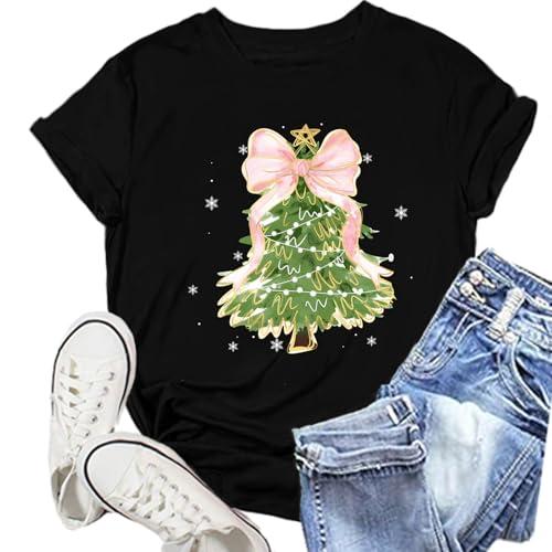 NEWKA Christmas Shirts for Women Christmas Tree T-Shirt Xmas Holiday Bow Tee Tops, Size S