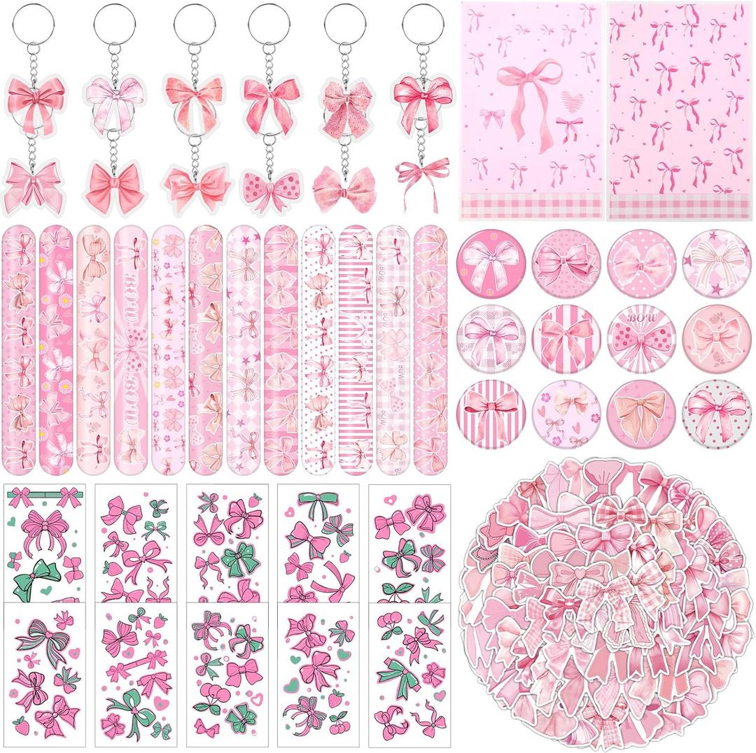222PCS Pink Bow Party Favors Pink Bow Slap Bracelets Badges Keychains Stickers Temporary Tattoos Goodie Bags for Birthday Party Decorations Bridal Shower Bow Party Supplies for Girls Kids