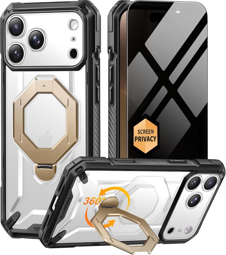TONGATE for iPhone 17 Pro Case with 360 Spin Magnetic Stand, [Compatible with MagSafe][Military-Grade Protection] with Privacy Screen Protector & Camera Control Cover for iPhone 17 Pro, Clear