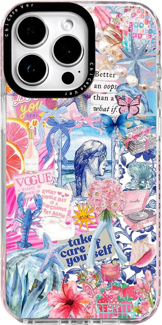for iPhone 16 Case, Coastal Collage Pattern with Romantic Quote, Cute Soft Slim TPU Compatible with MagSafe, Military-Grade Drop Protection & Camera Protection for Women Girls (BlueSummer)