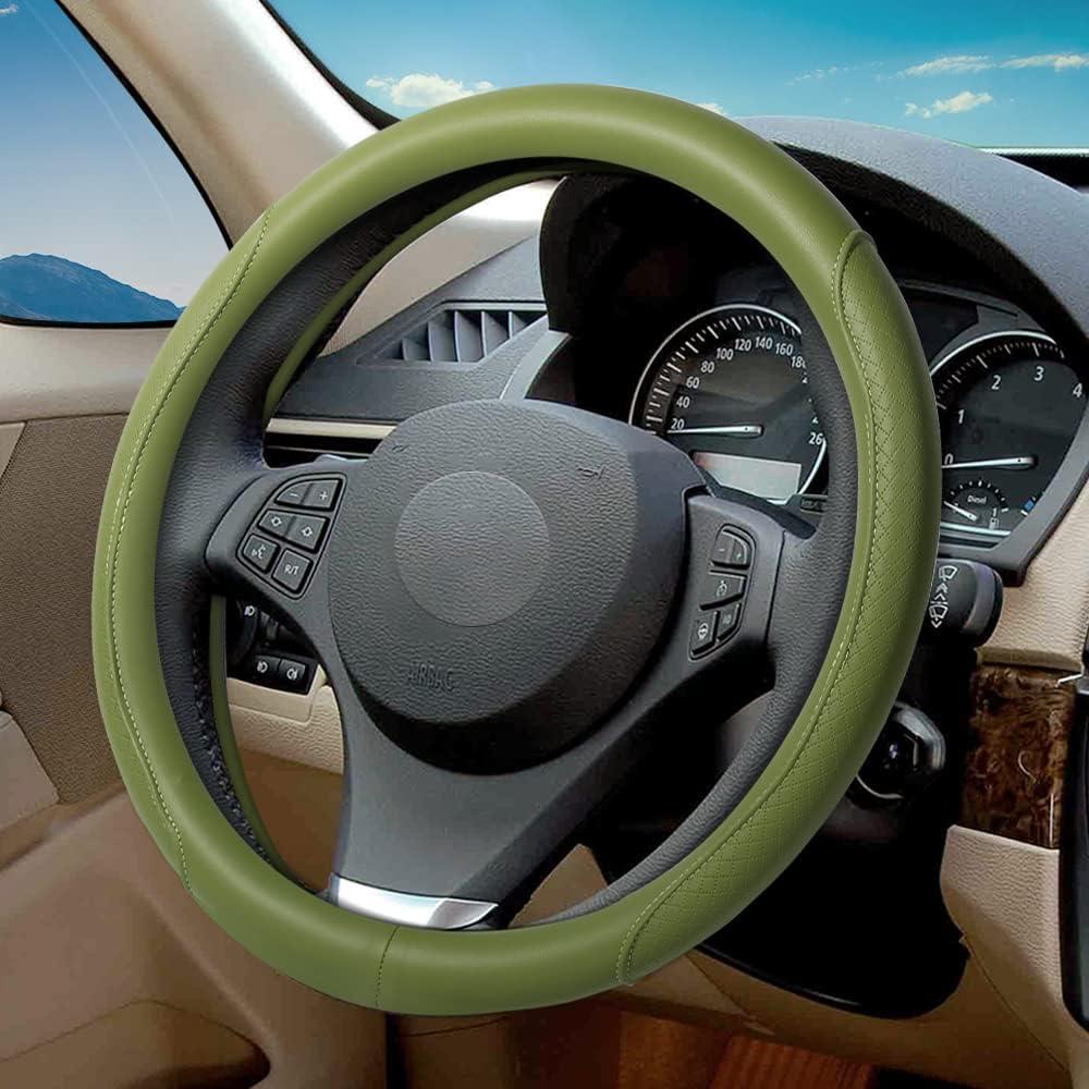 Steering Wheel Cover - Microfiber Leather with Classic Embossing, Anti-Slip Breathable Fit 15 Inch Wheel Protector (Green)