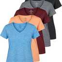 Real Essentials 5 Pack: Women's Dry-Fit Short Sleeve V Neck T Shirt Workout Fitness Yoga Top Tee (Large)