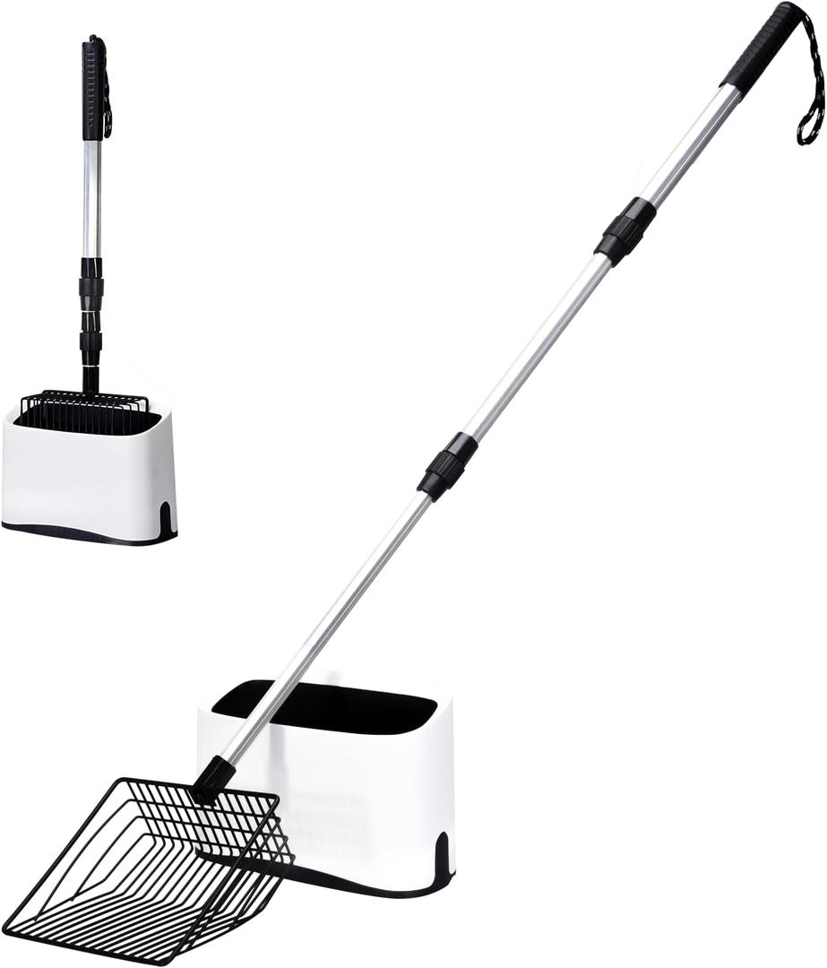 Metal Cat Litter Scoop with Holder, 43" Extendable Long Handle Cat Scooper for Litter Box, Solid & Durable, Deep Shovel for Fast Sifting, Large Pet Pooper Scooper for Kitty/Outside Dog Poop