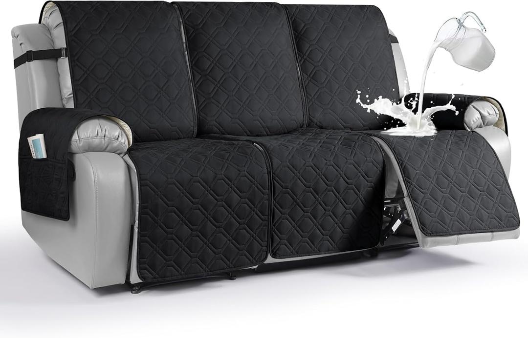 VANSOFY Waterproof Recliner Couch Covers, Sofa Covers 1-Piece Washable Reclining Sofa Cover Non-Slip Furniture Protector with Elastic Straps Pocket for Dogs, Pets(Black,3 Seater)