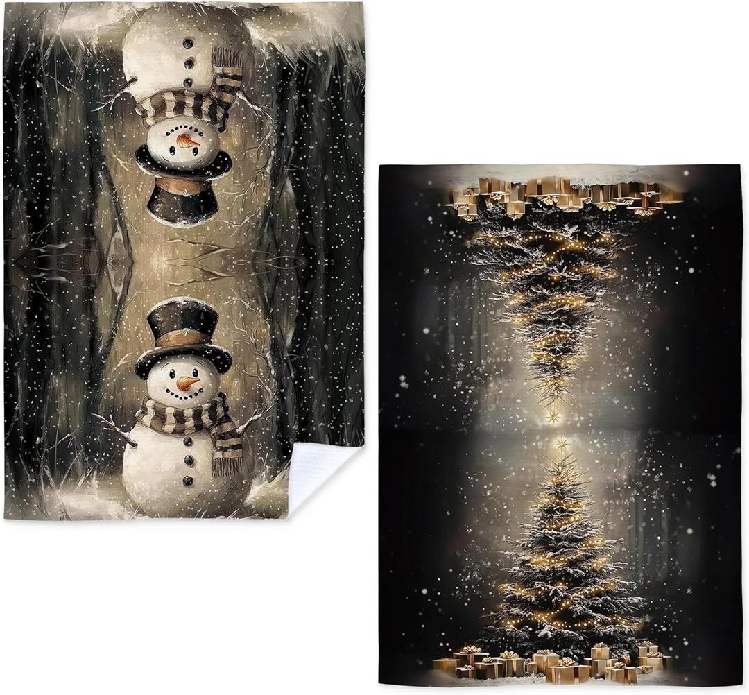 Christmas Kitchen Towels, Winter Xmas Holiday Dish Tea Towels for Kitchen Decor, Rustic Christmas Snowman Xmas Tree Decorative Hand Towels for Bathroom, 16x24 Inch Set of 2