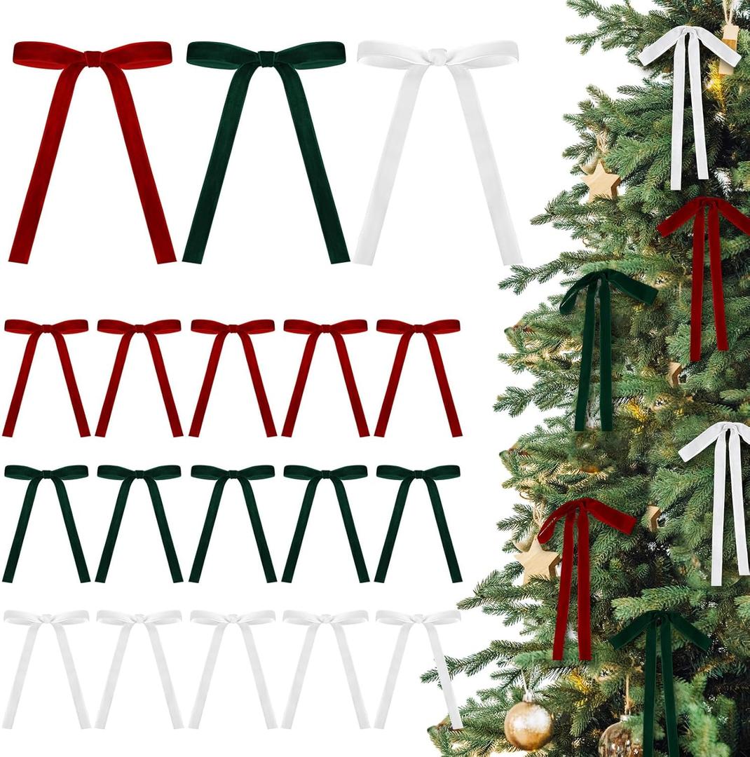 Red,Green,White 24 Pcs Velvet Bows Christmas Tree Ornaments Valentines Day Bows Decoration for Garland Home Coquette Wedding Decor (5 x 7 Inch,Width of 5/8")