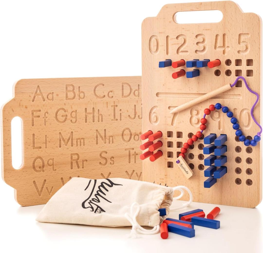 Hulats Montessori Counting Peg Board - Number & Letter Tracing Board - Wooden Montessori Alphabet & Counting Toys Toddlers 3+ Years Old - Alphabet Learning + Education Home Schooling Materials Pre-K