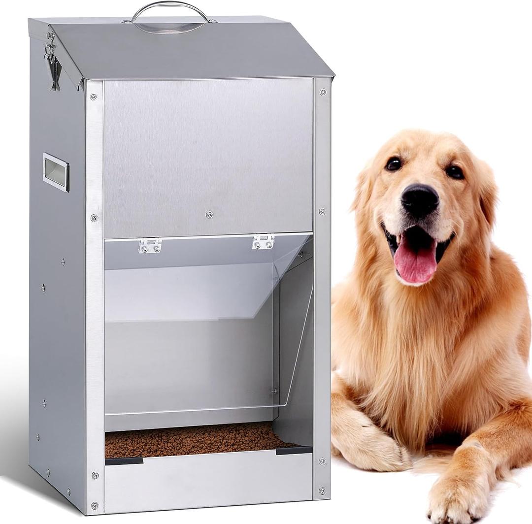 Automatic Dog Feeder Large Breed Outdoor Auto Dog Food Dispenser 25lbs Large Capacity Stainless Steel Gravity Pet Feeder Feeding Station Pet Dry Food Dispenser (M)