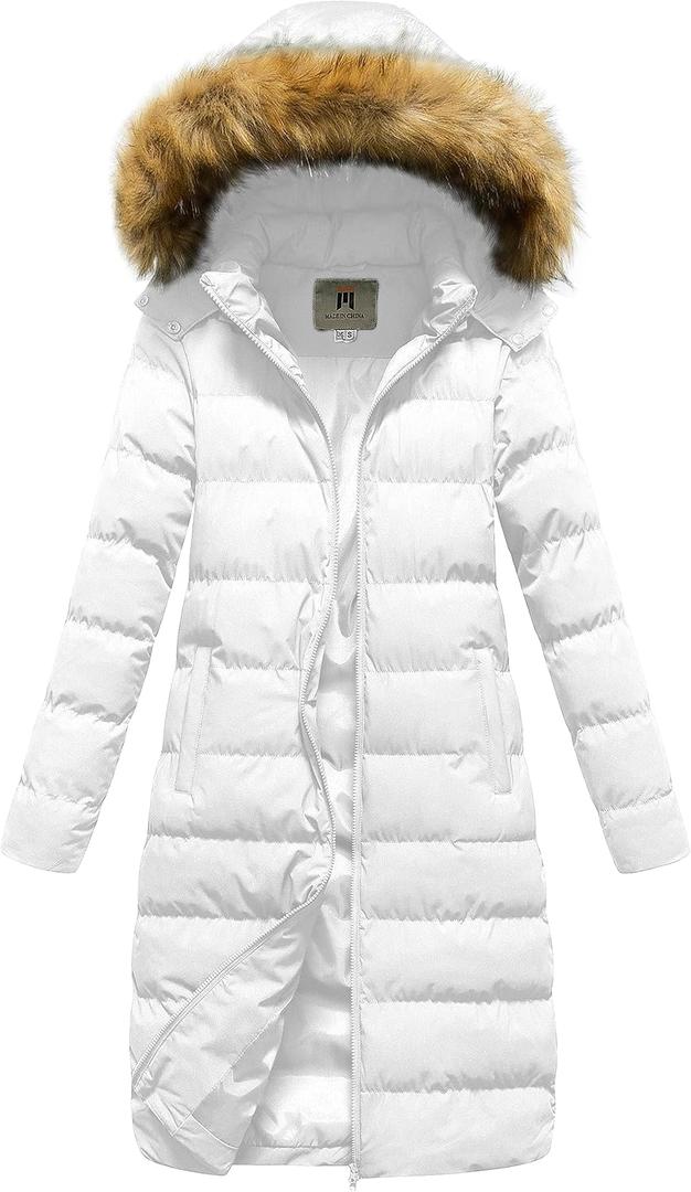 CREATMO US Women's Long Winter Faux Fur Coat Puffer Warm Jacket with Detachable Hood (Large, White)