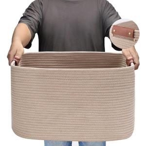 Large Cotton Rope Storage Basket with Leather Handles, Laundry Hamper Basket, 20 "L x 14" W x 12 "H, Durable & Stylish Organizer for Home.(Large Khaki)