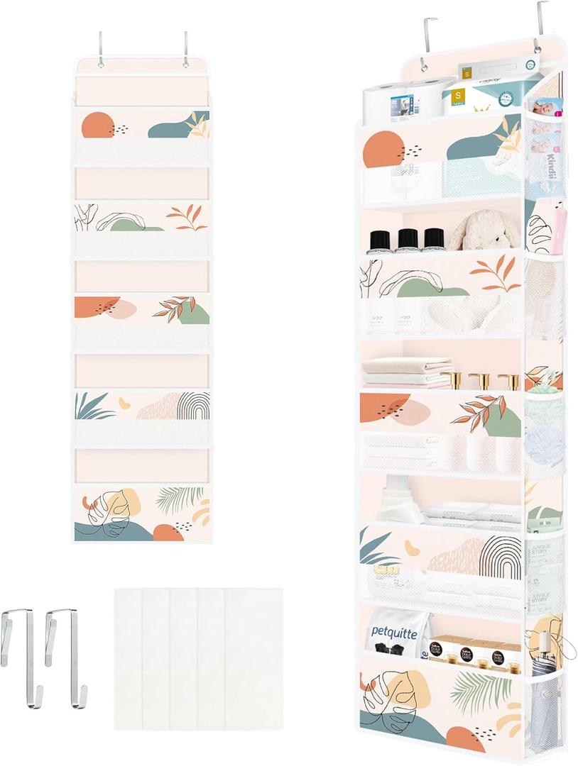 Clastyle Boho Over The Door Organizer Leaf Nursery Hanging Storage Organizer for Women Girls Clothes Diaper Toy Closet Door Hanging Shelf Storage for Bedroom Bathroom Pantry, Pink, 5-Tier